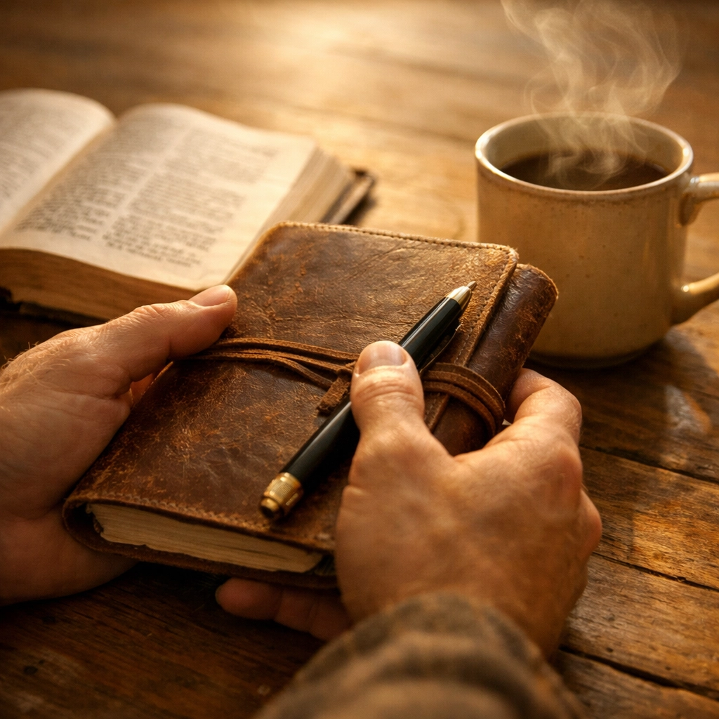 Hands holding prayer journal and pen beside open Bible in morning light