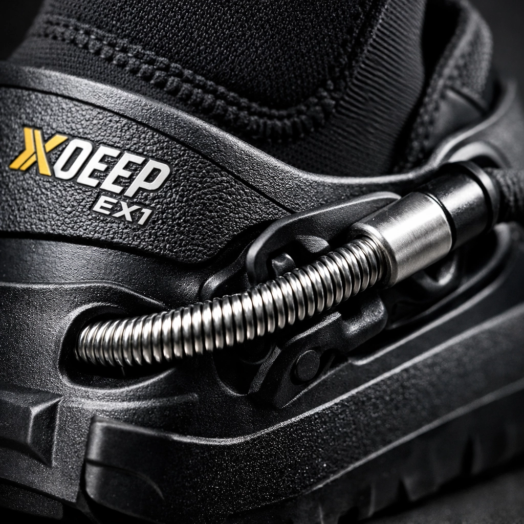 Nahaufnahme der xDeep EX1 Fußtasche und des Edelstahl-Springstraps am Tauchstiefel.