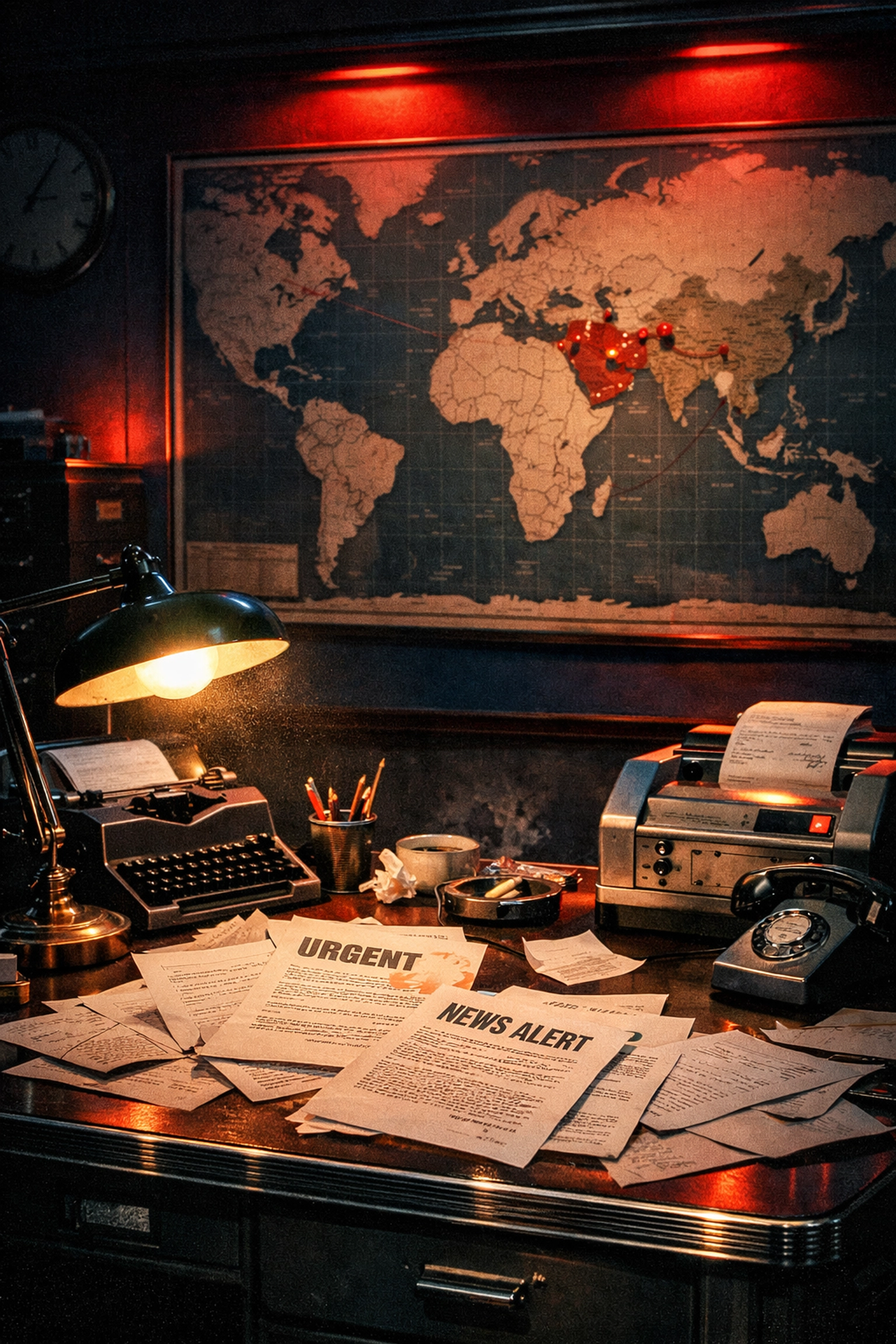 Vintage newsroom desk with world map highlighting Iran Christian persecution news coverage