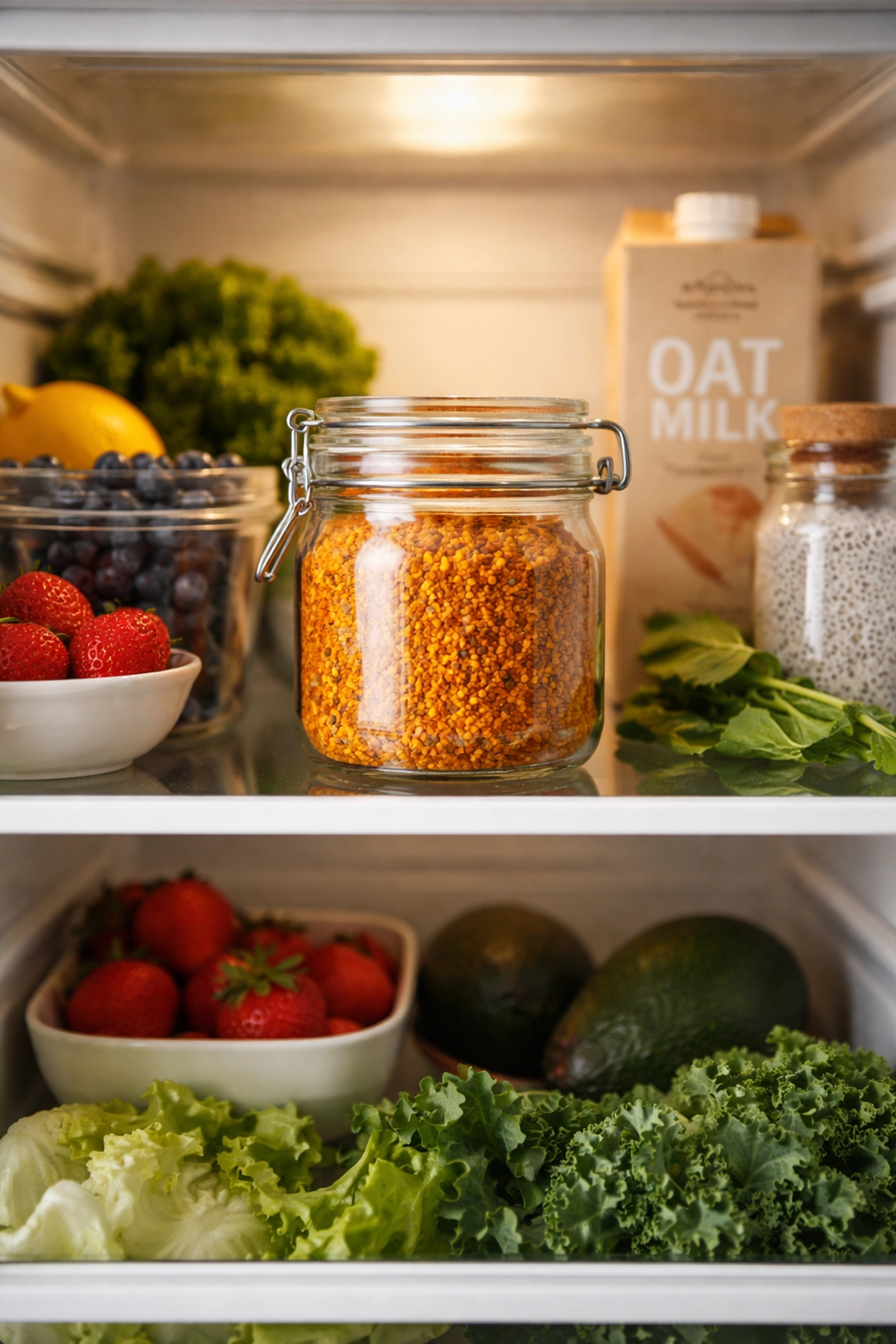 A clear jar of golden bee pollen stored on an eye-level refrigerator shelf next to fruit and oat milk, promoting daily visibility and use.
