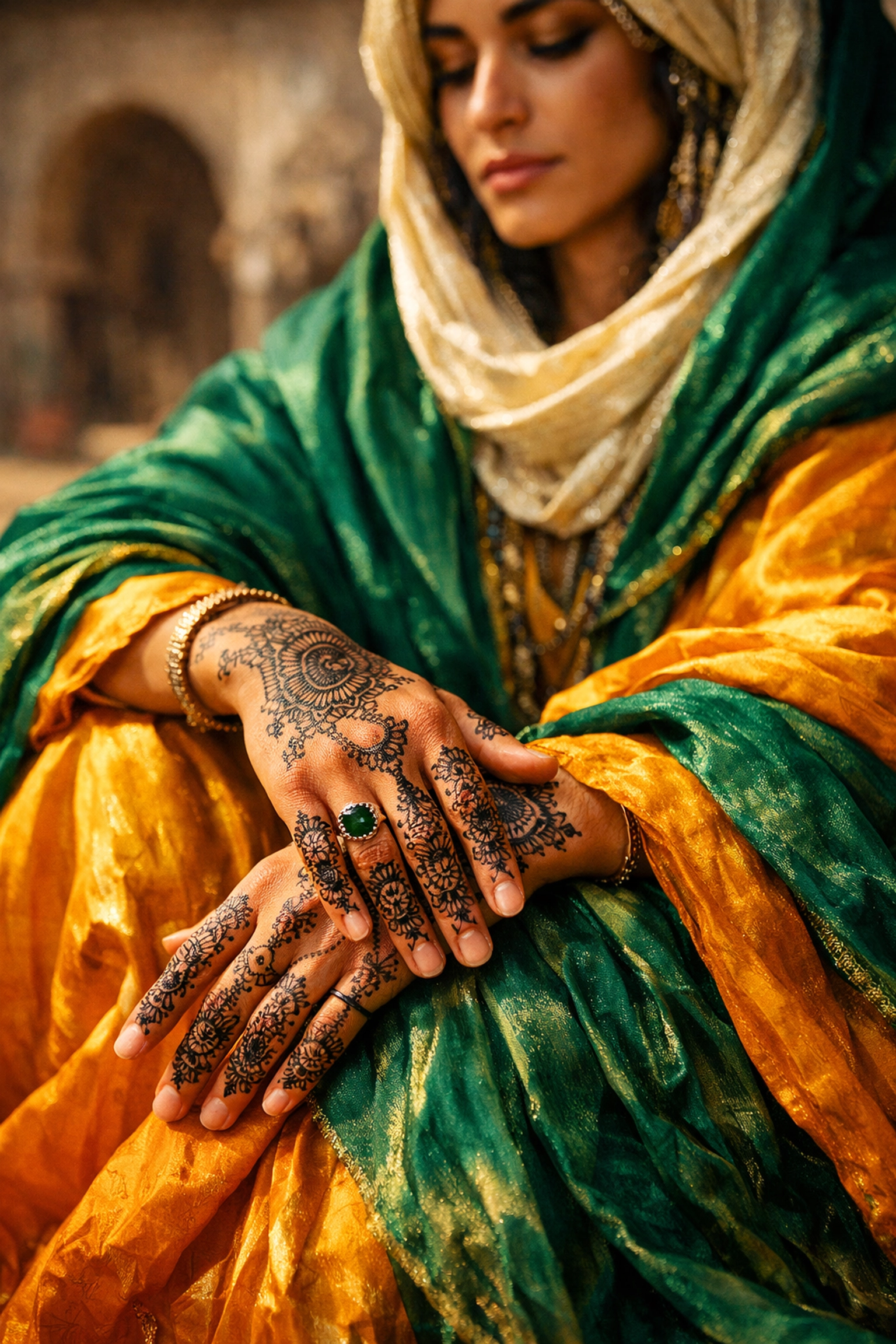 Gender-fluid Mukhannathun figure in historical Arabian silk robes with henna hand patterns.