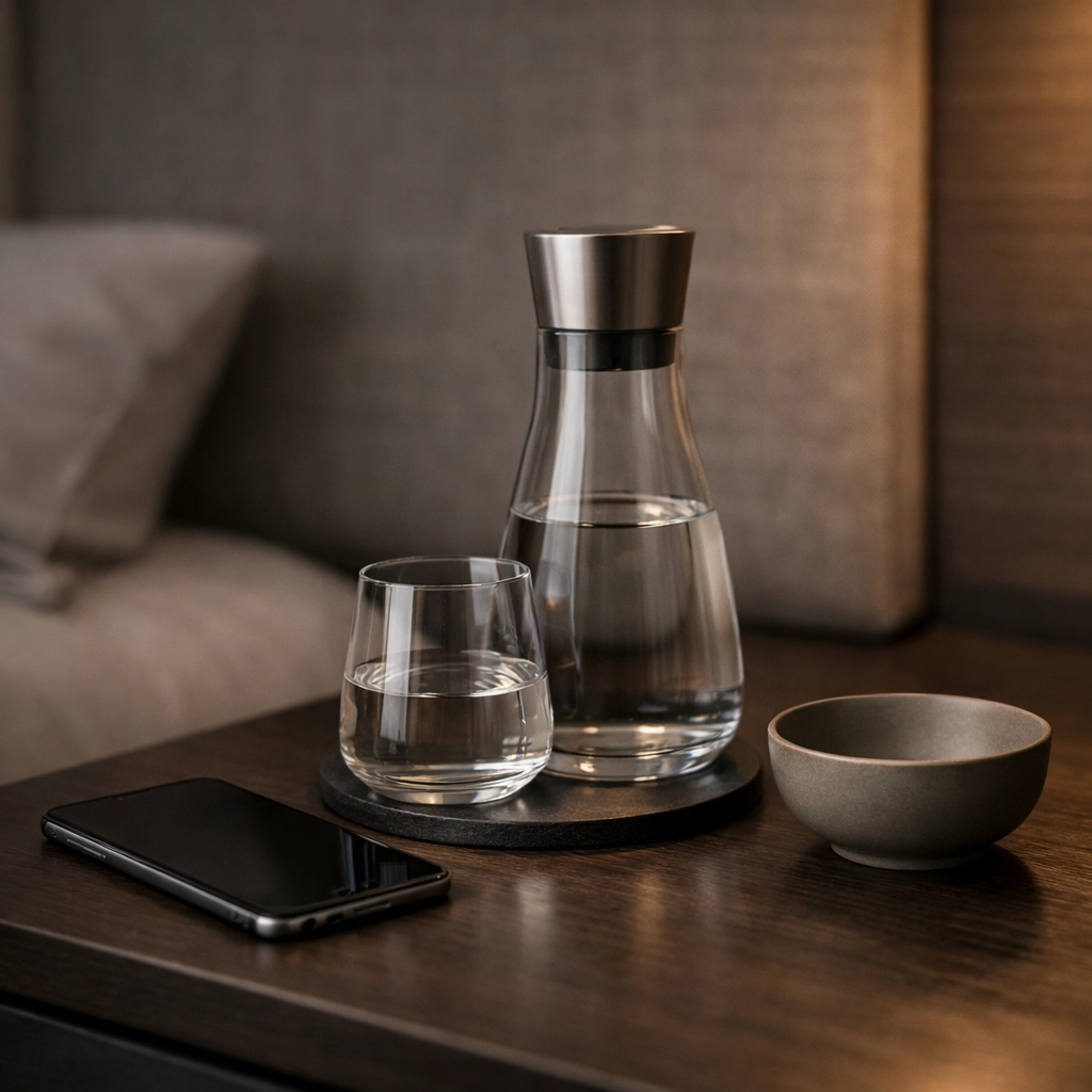 Modern hotel guest room bedside table with a smartphone illustrating digital guest experience and personalization.