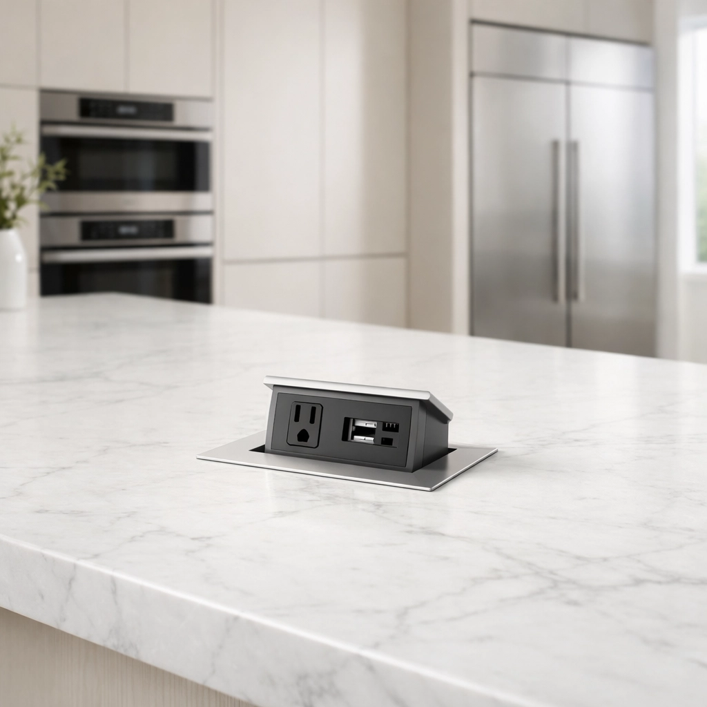 Luxury kitchen remodel in Mesa featuring an integrated pop-up outlet to reduce circuit overload.
