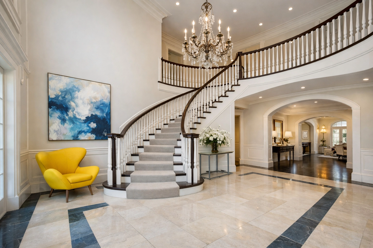Ninja-level house cleaning Ashby MA for a grand estate foyer featuring pristine stone floors and staircase.