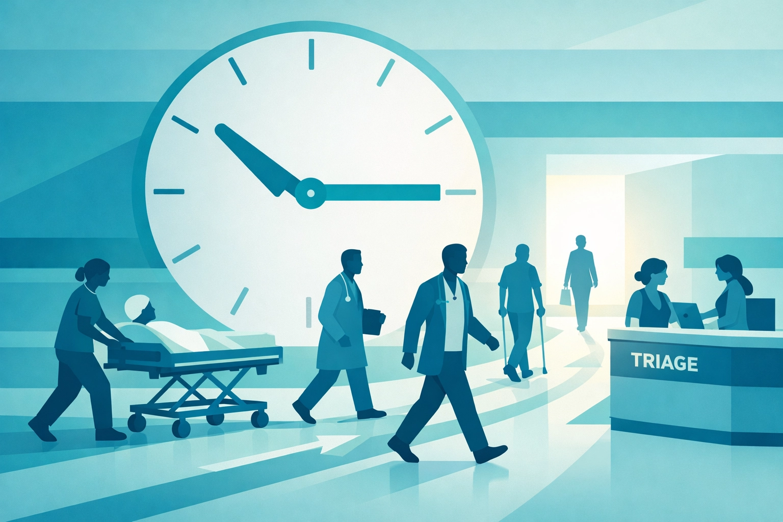 Flat art illustration of efficient hospital triage flow and reduced patient wait times.