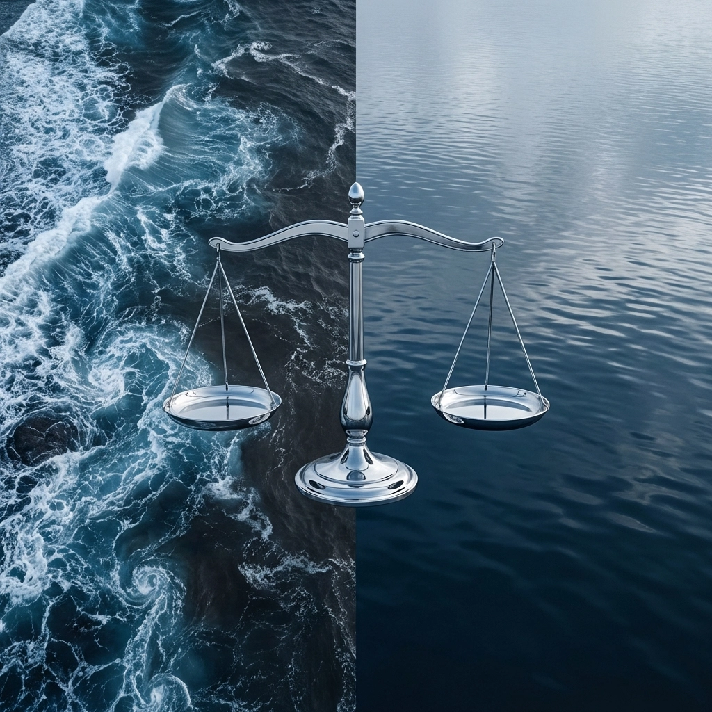 Balanced chrome scale floating between turbulent and calm seas representing market-neutral hedge fund strategy stability