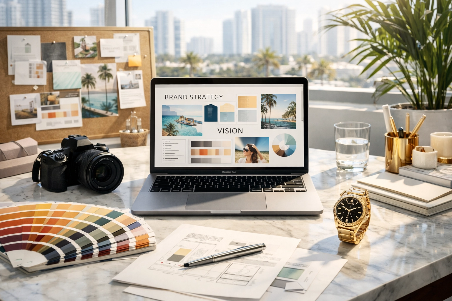 Professional creative director workspace in a Miami studio for planning high-end brand photography.