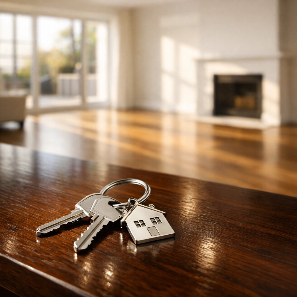 House keys on a polished island representing a successful move out cleaning and security deposit return.