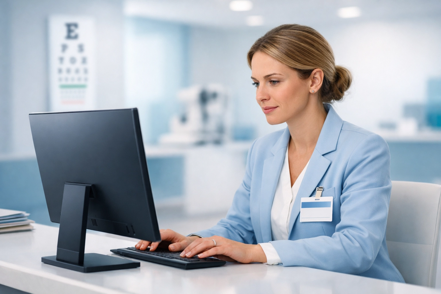 Healthcare administrator at a modern eye clinic verifying patient eligibility for ophthalmology billing services.