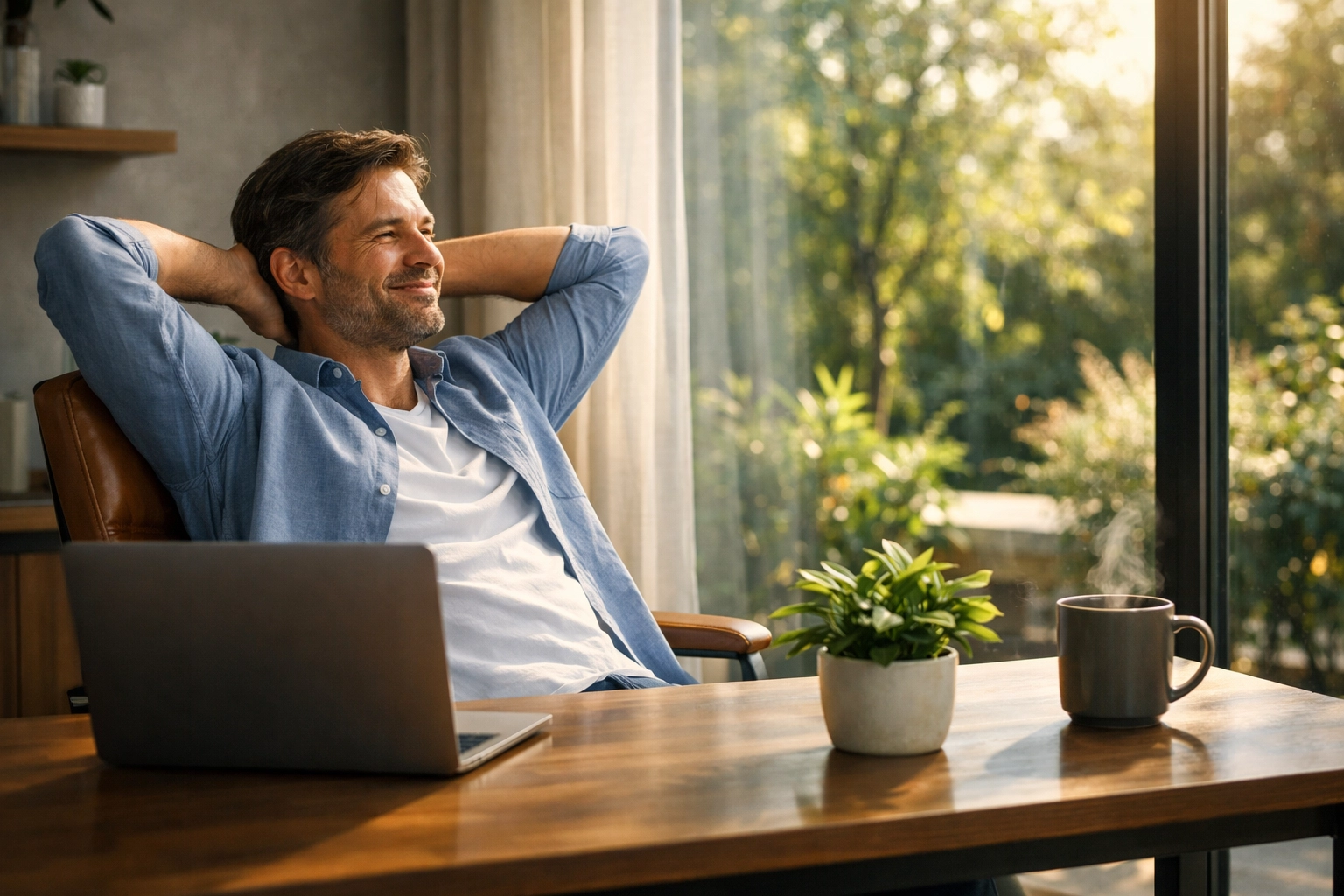 Relaxed small business owner enjoying time saved through professional outsourced bookkeeping services.