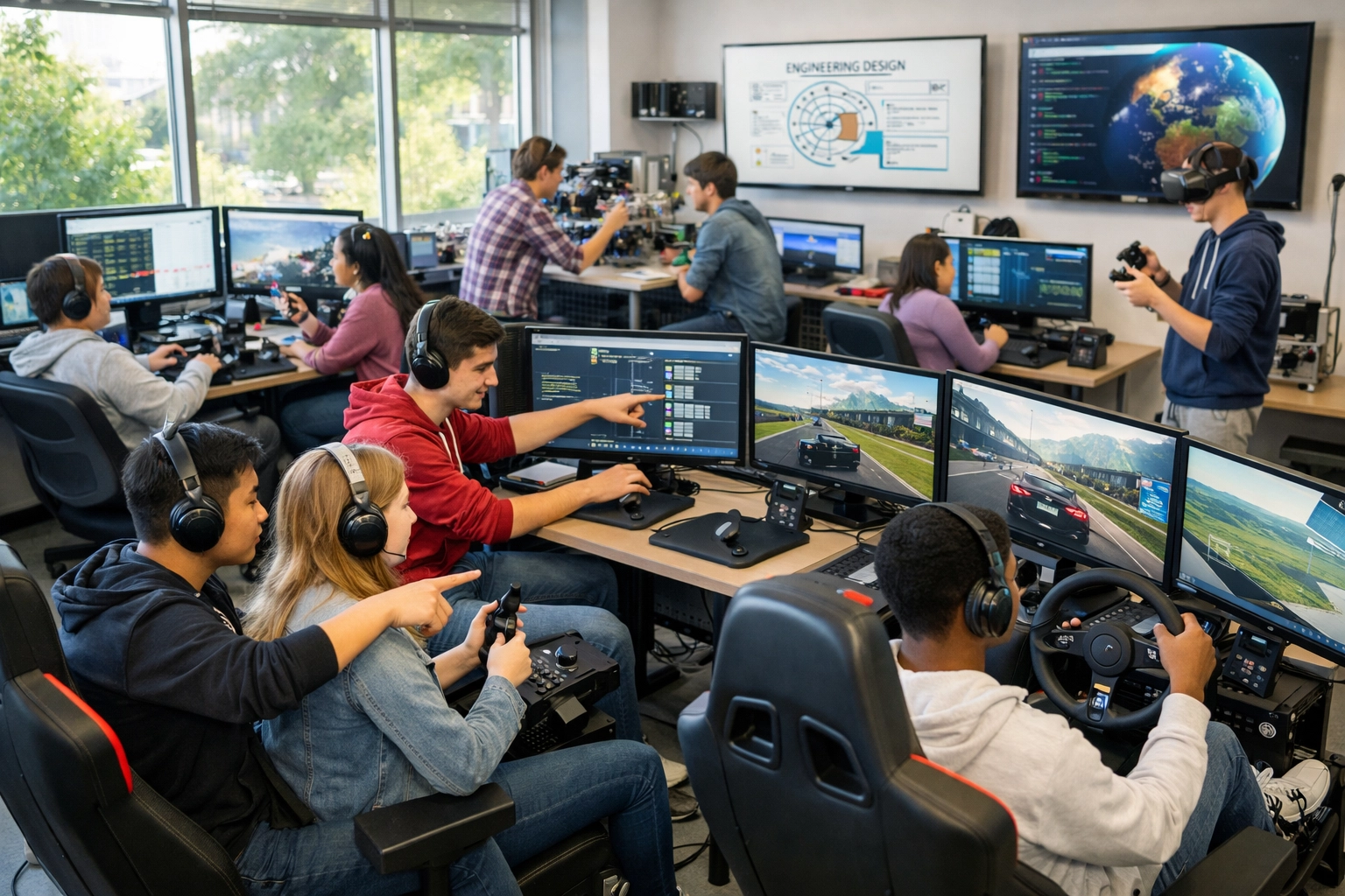 High school students engaged with educational esports technology and simulation equipment