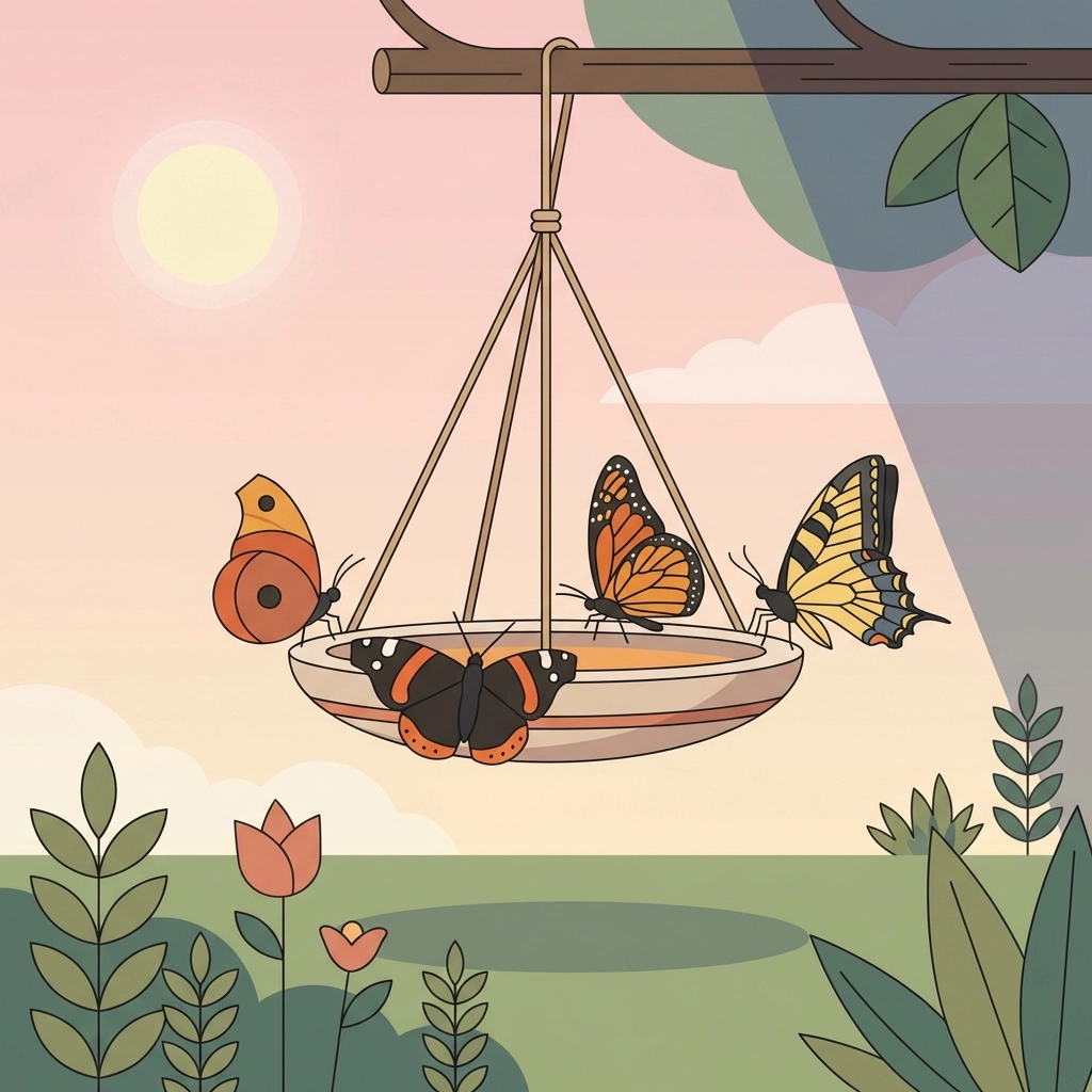 Butterflies including Monarch and Red Admiral feeding at a hanging plate feeder in a garden