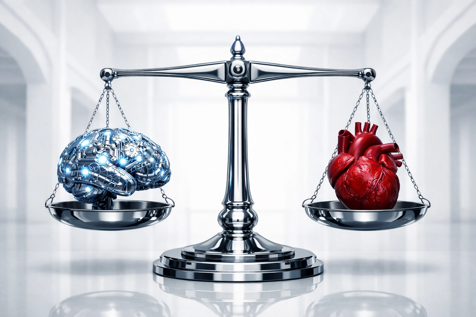 A scale balancing a digital brain and a human heart, symbolizing the harmony between AI and human support teams.