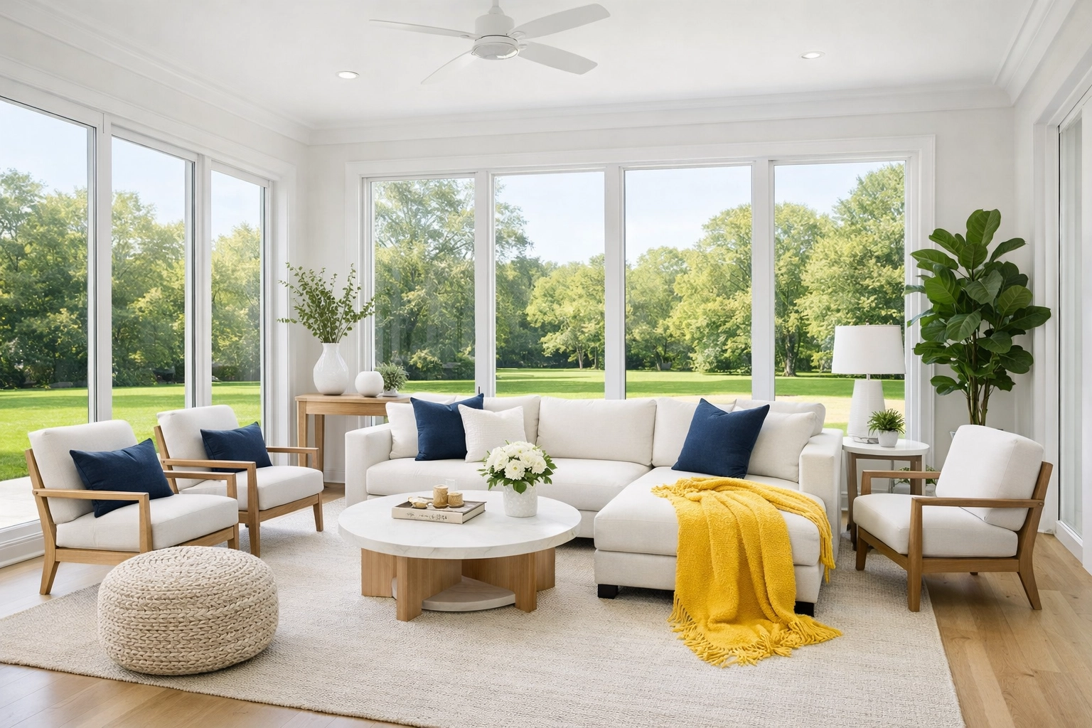 A bright and organized living room in Medfield providing a stress-free atmosphere after house cleaning Medfield.