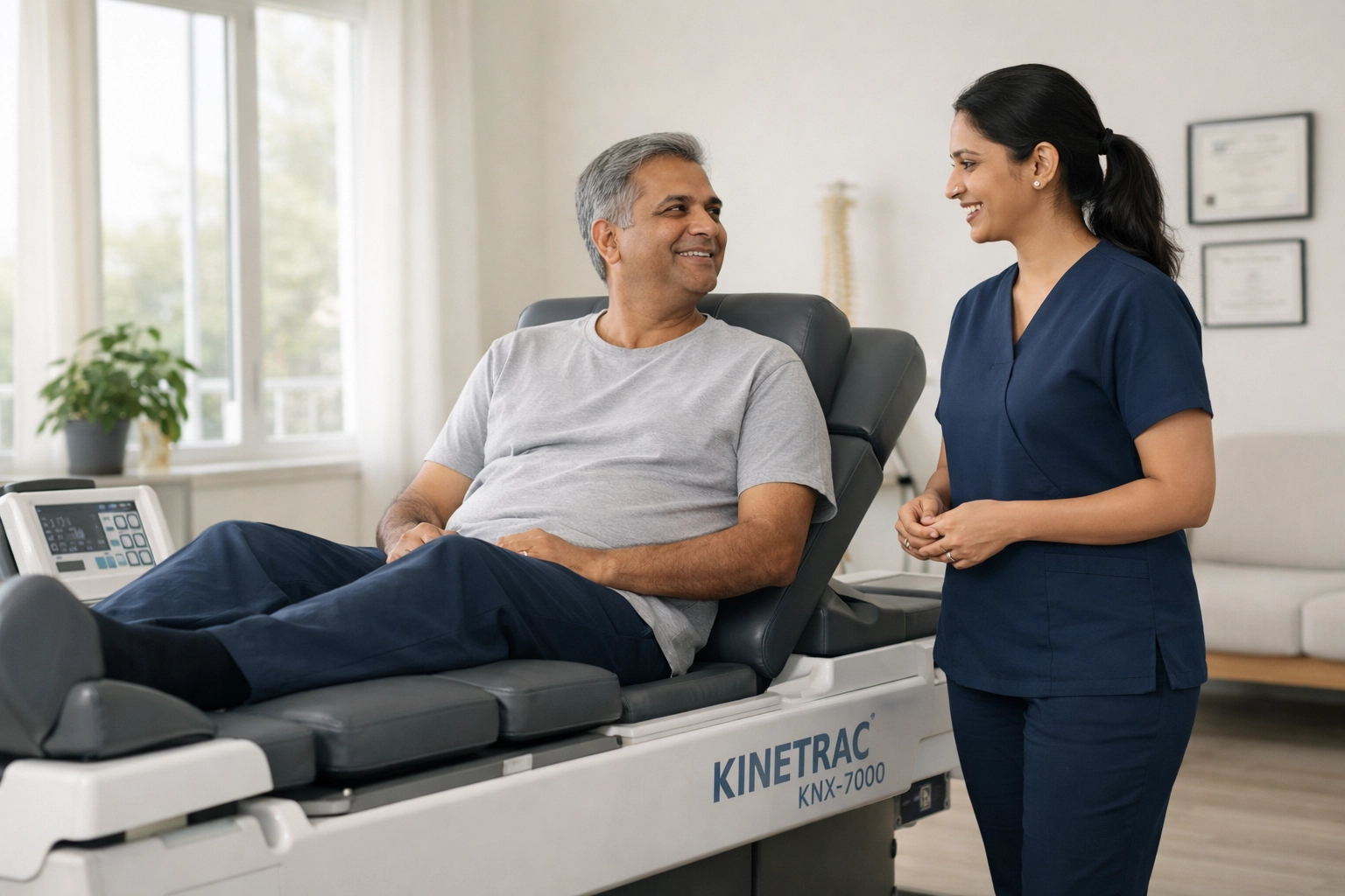 Patient receiving non-surgical back pain treatment on a Kinetrac KNX-7000 decompression bed in Kochi.