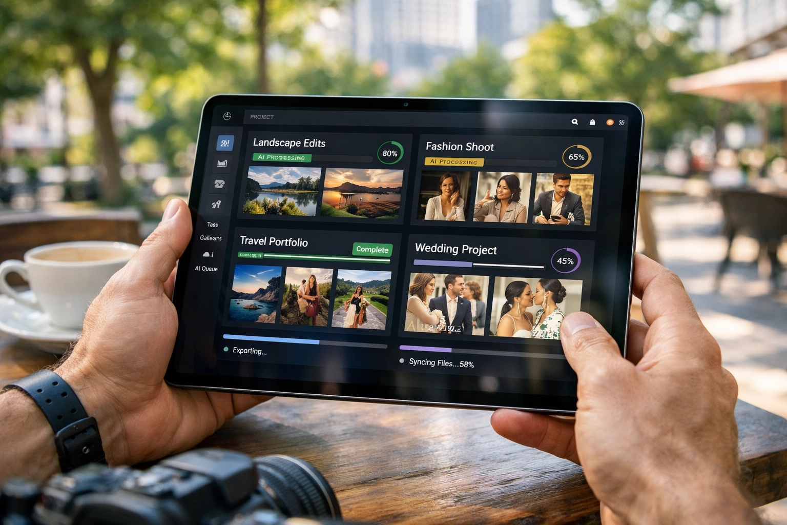 Photographer using a mobile photography workflow management app on a tablet in an outdoor cafe.