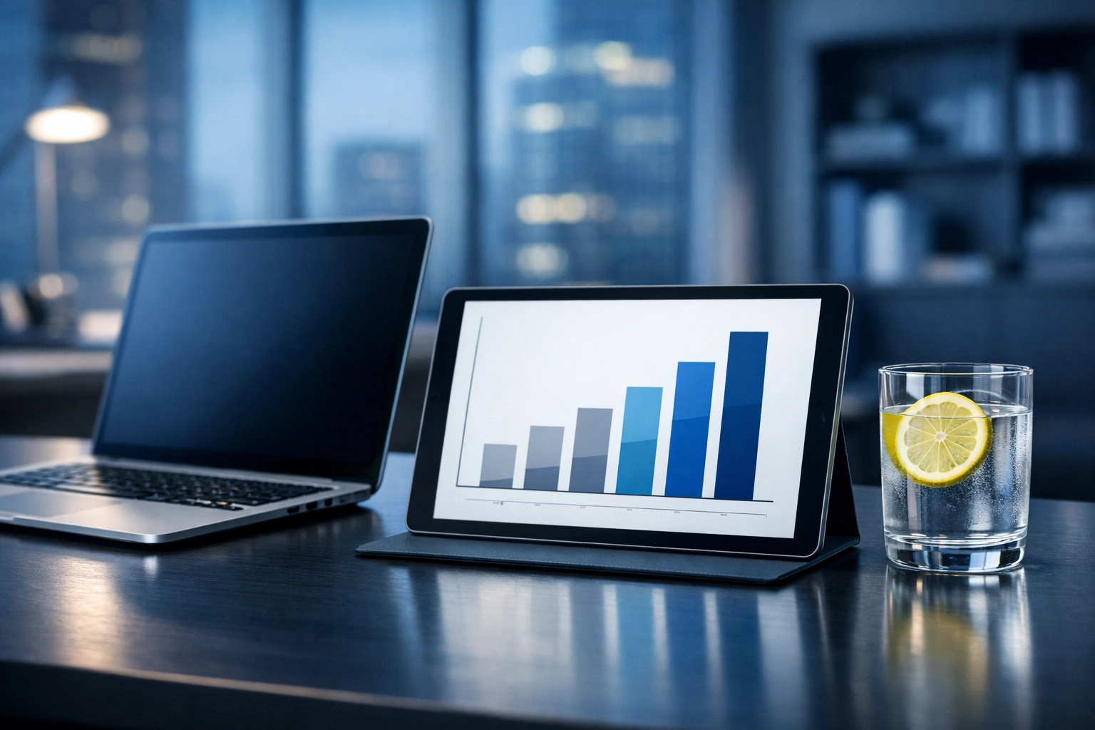 A modern office desk with digital charts illustrating tax compliance and financial data for Alabama business owners.