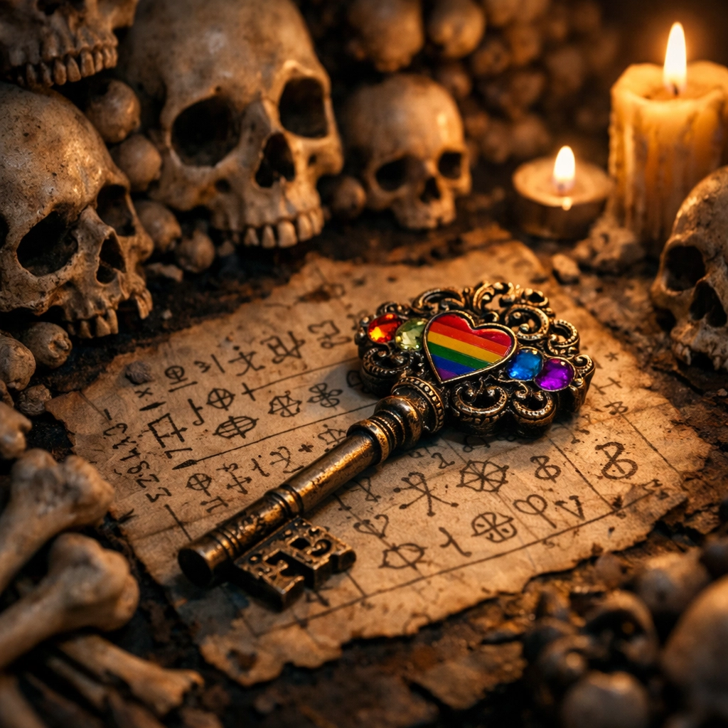 Ancient key and mysterious symbols in Paris Catacombs setting for gay romance novel