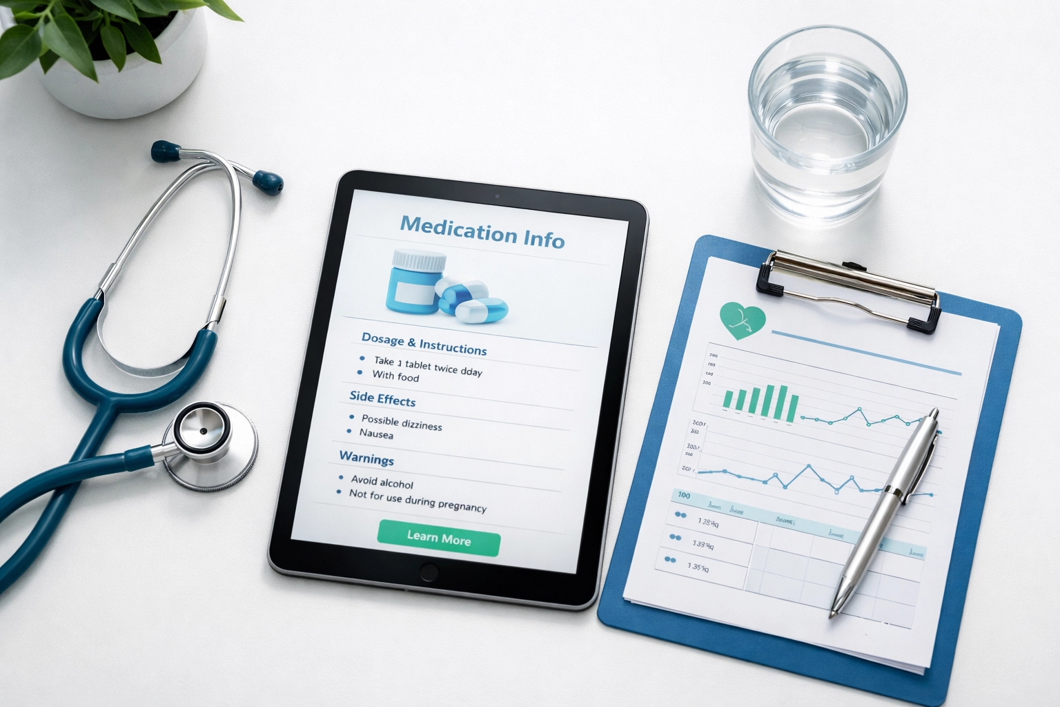Medical consultation desk with prescription weight loss medication information and stethoscope