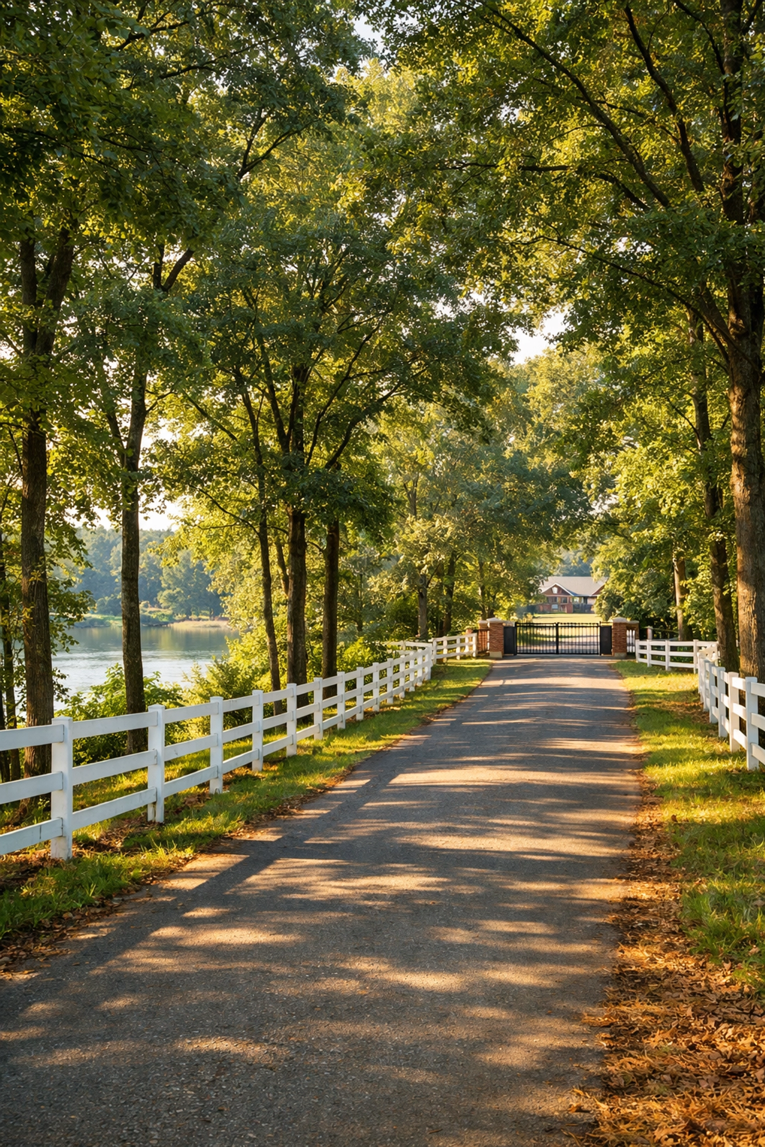 Tree-lined entrance to Davidson NC horse farm near Lake Norman with white fencing