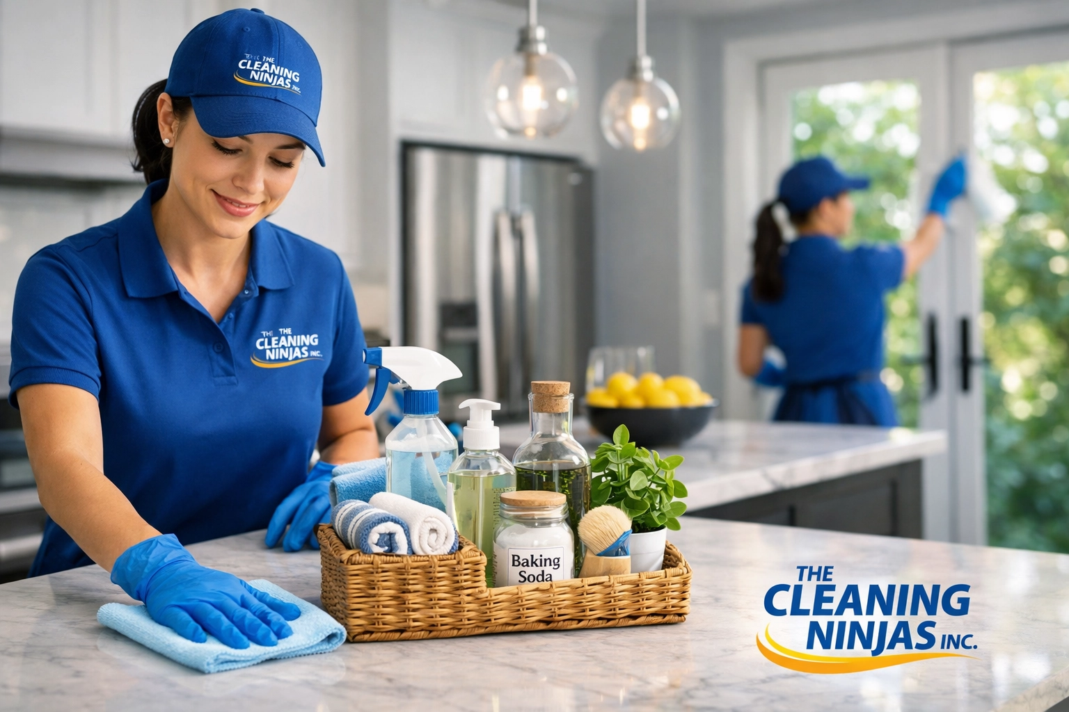 Professional cleaners performing eco-friendly house cleaning in a bright Topsfield kitchen. Professional cleaners using eco-friendly house cleaning products in a bright Topsfield kitchen