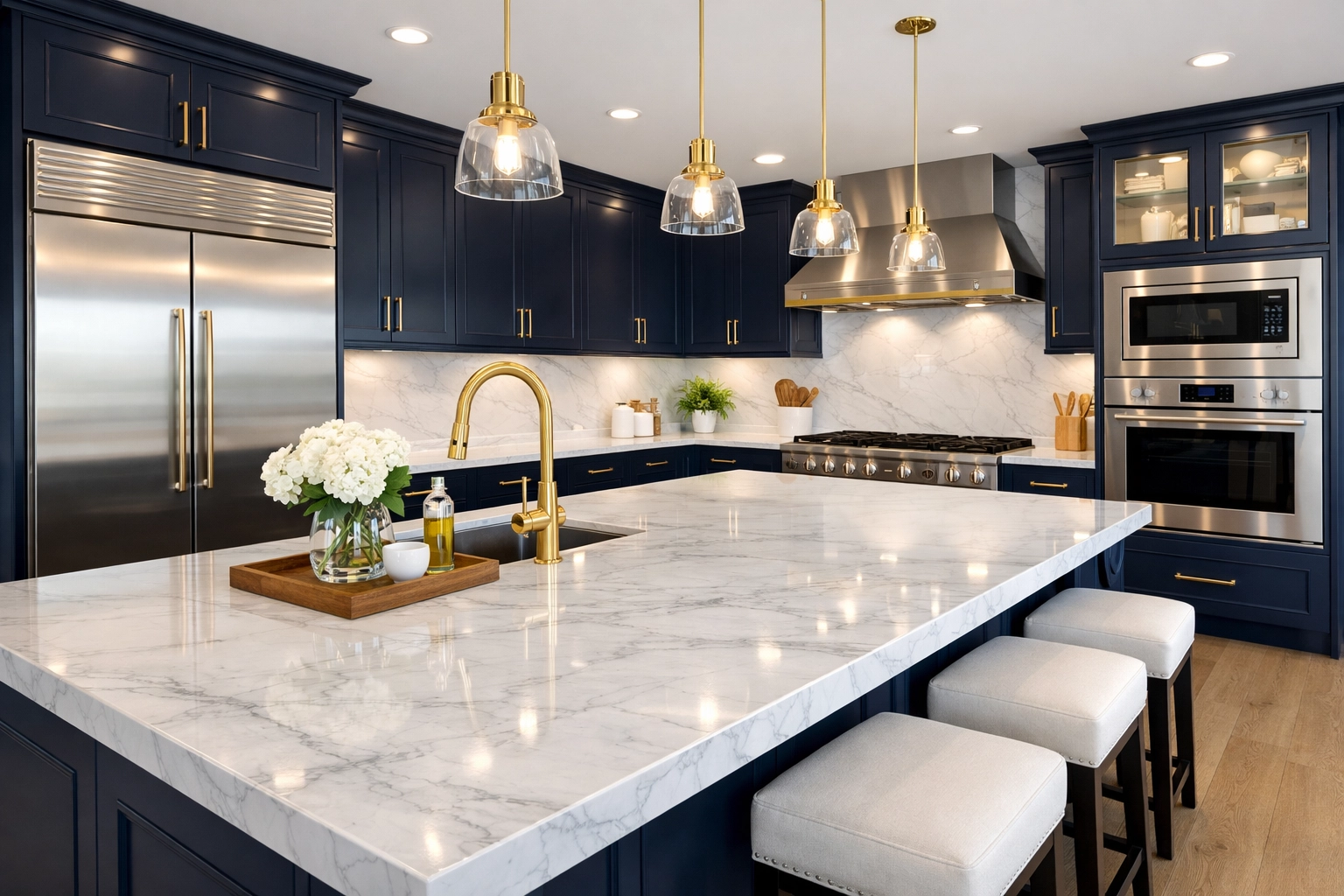 Spotless Hingham luxury kitchen with marble countertops and deep-cleaned appliances after professional move-in cleaning.