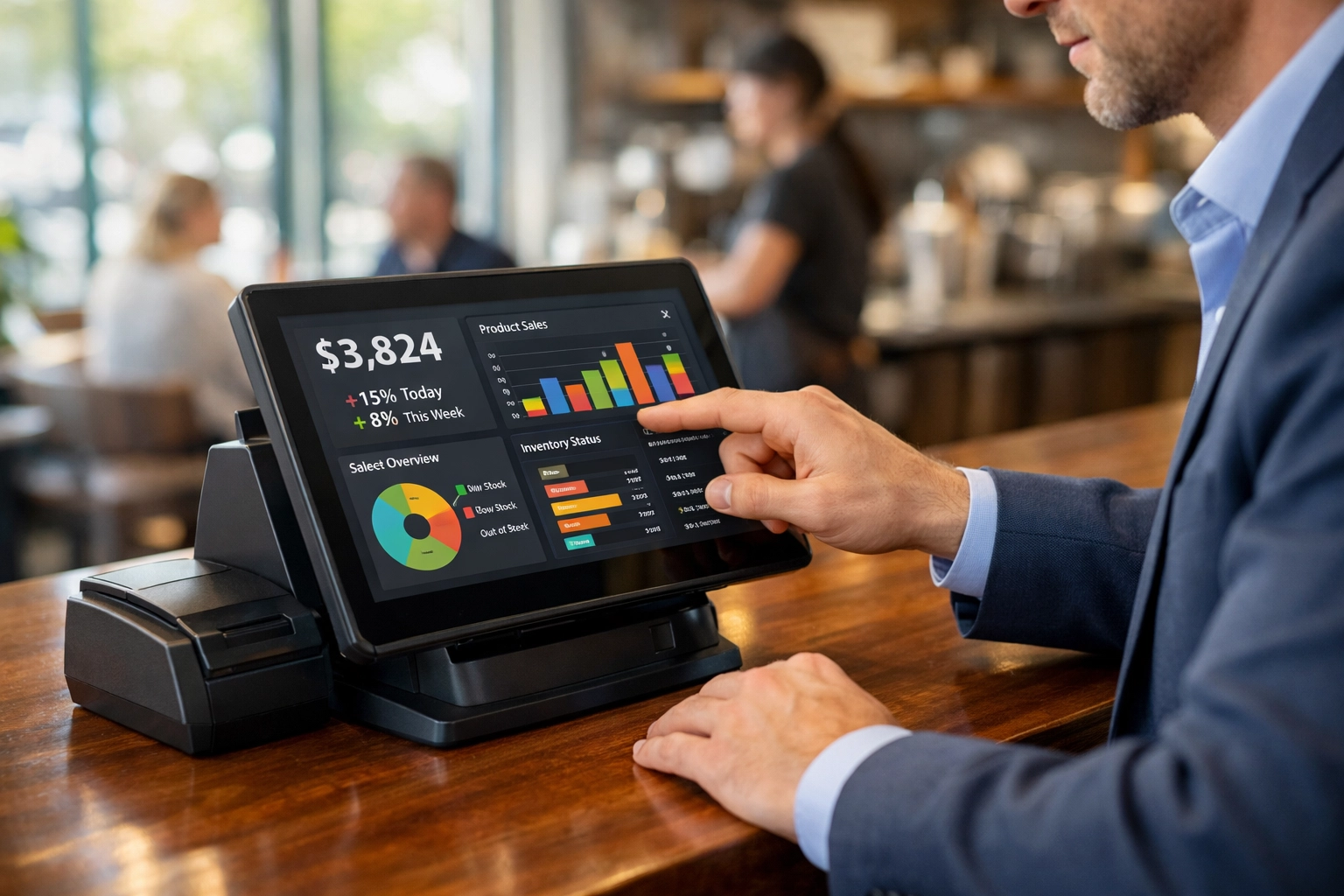 Restaurant manager using EPOS Now POS terminal displaying sales analytics