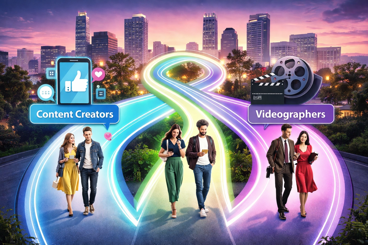 Infographic compares content creators and videographers for events with urban skyline and event guests choosing their coverage style.