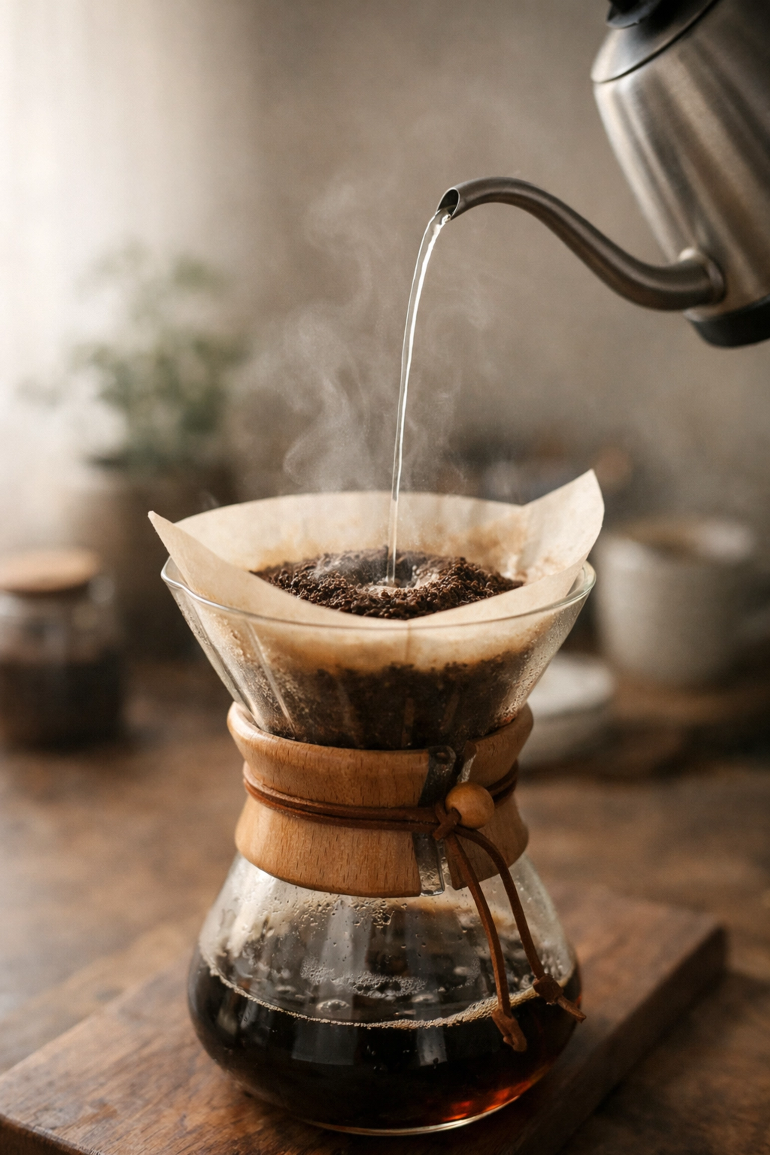 A pour-over coffee brewing ritual using a Chemex to highlight bright fruity specialty flavors.