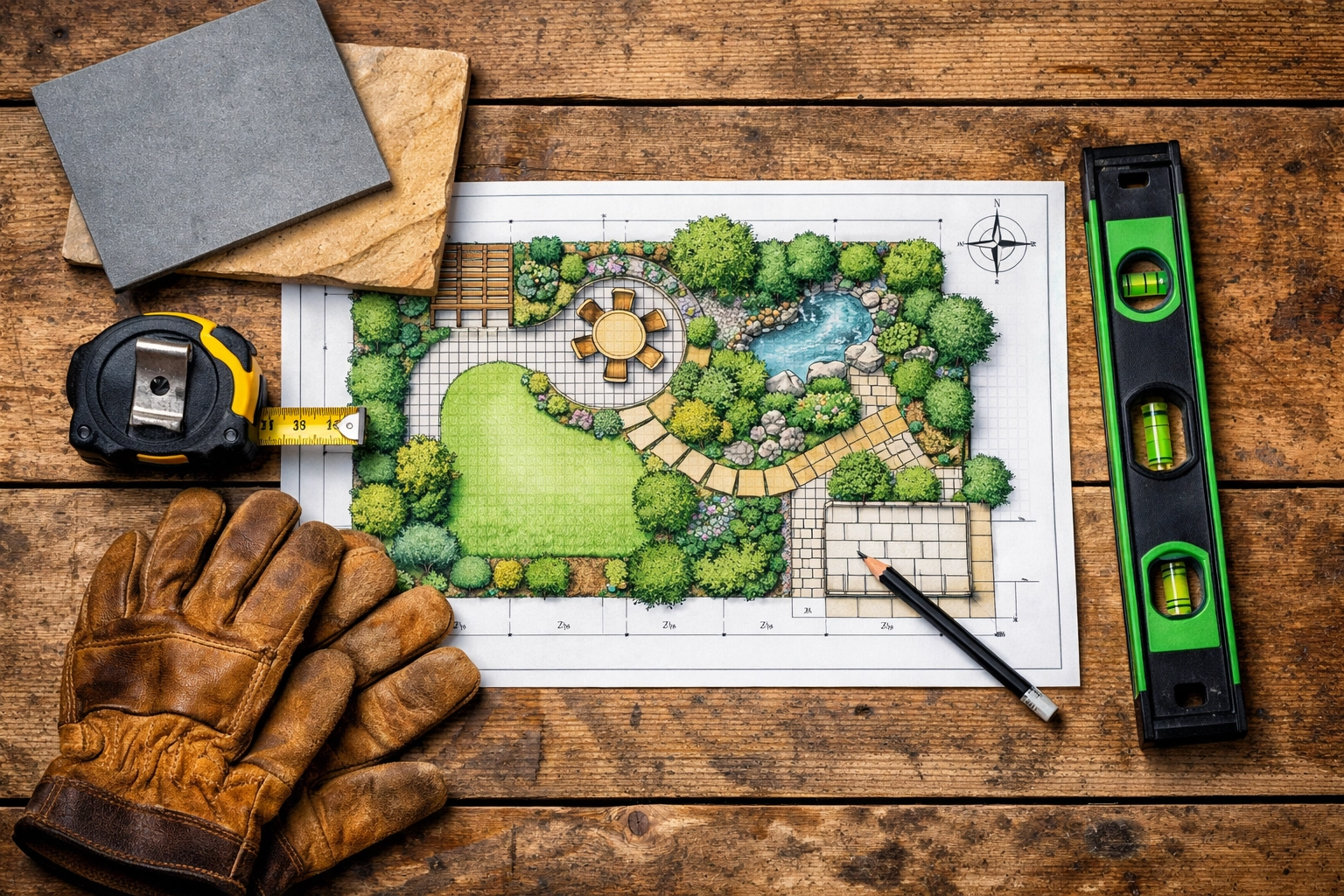 Professional landscape design blueprints and paving material samples for a bespoke Cardiff garden renovation.