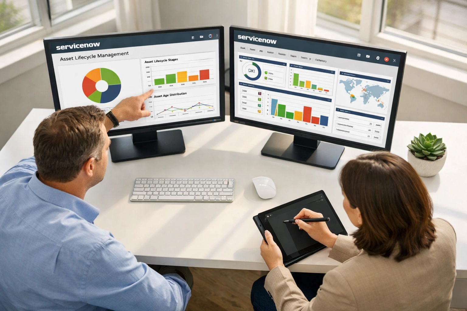 ServiceNow consulting team reviewing ITOM and ITAM integration dashboards for ROI optimization