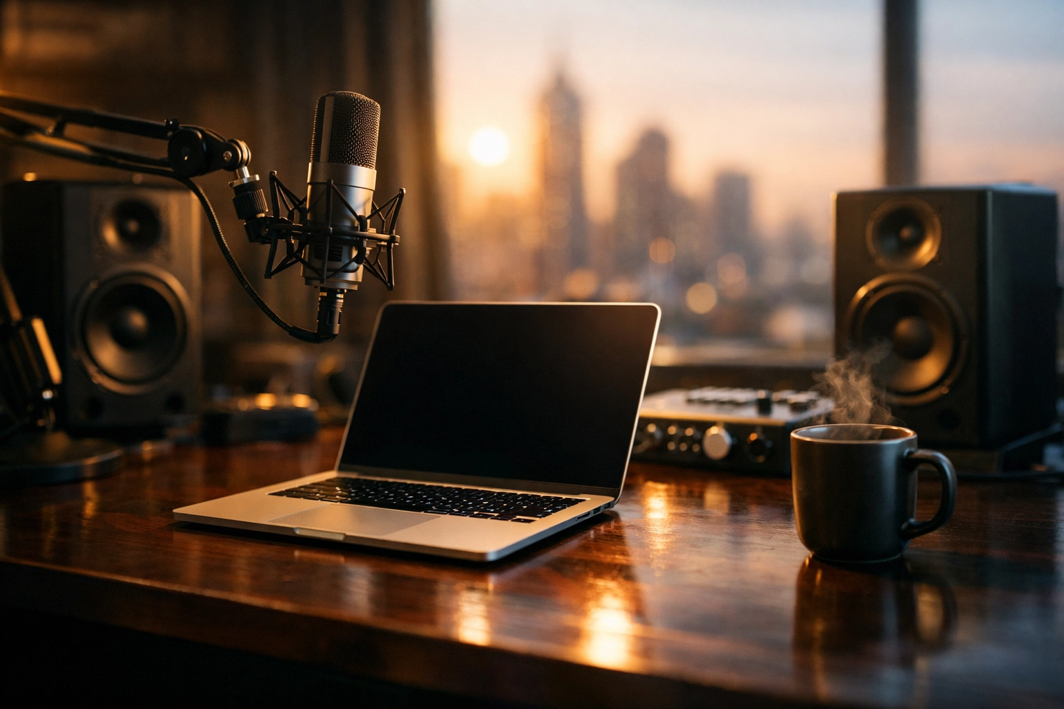 A professional home studio workspace with a laptop and audio gear, highlighting music business productivity and communication.