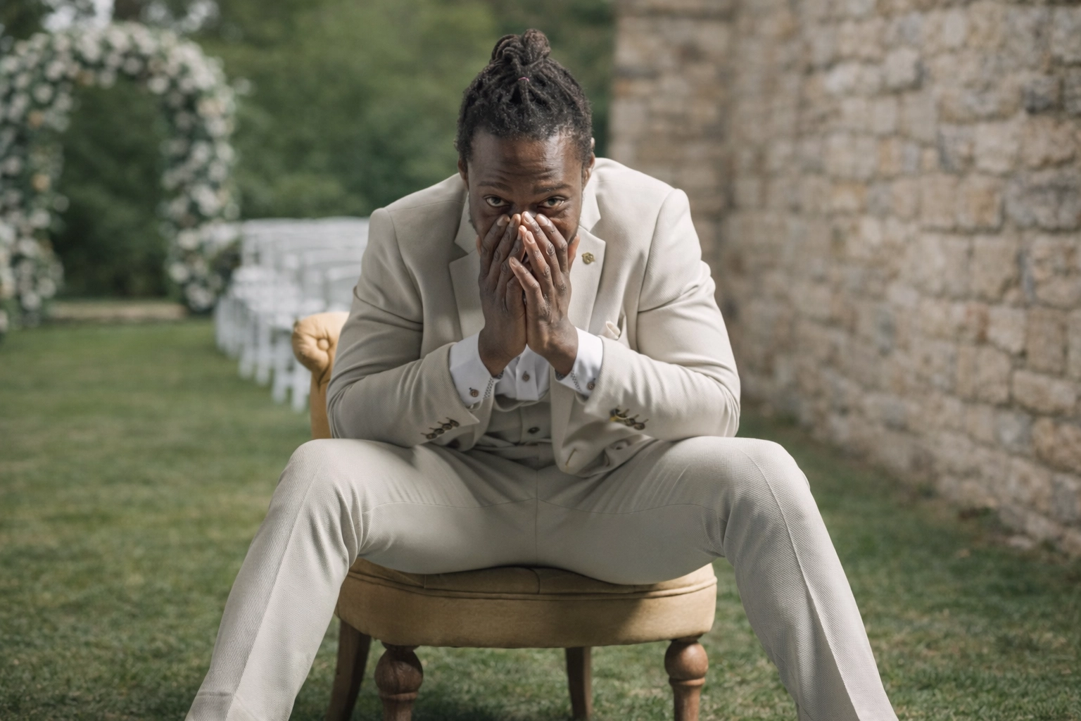 Marc Darcy ivory suit in natural light (authentic background).