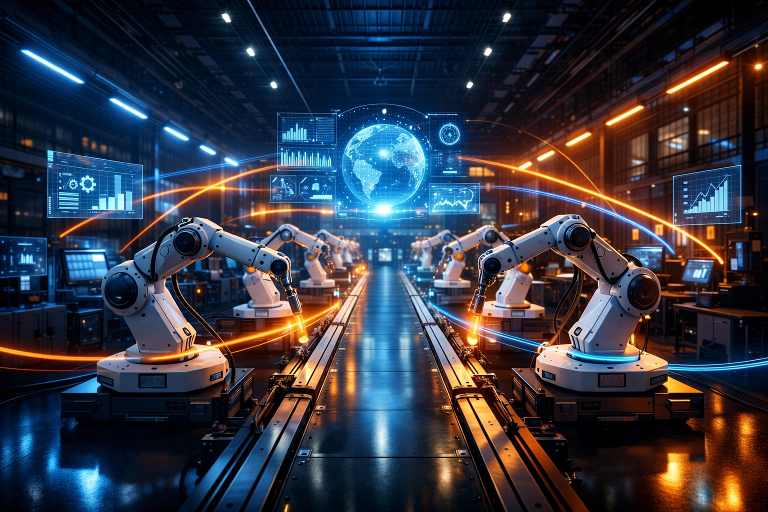 Smarte Fabrik mit vernetzten Roboterarmen für effiziente Produktion im Mittelstand.