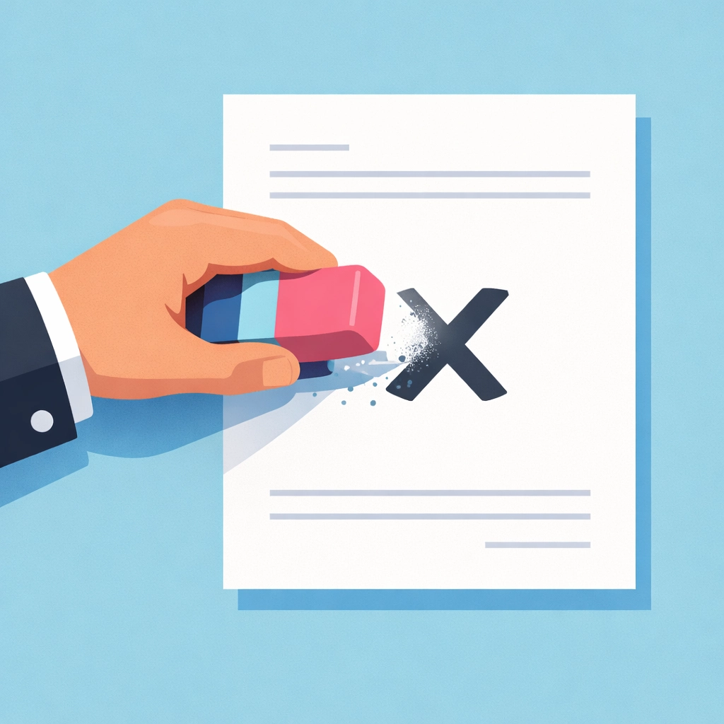 Mano borrando errores negativos en un reporte para la reparación de crédito legal.