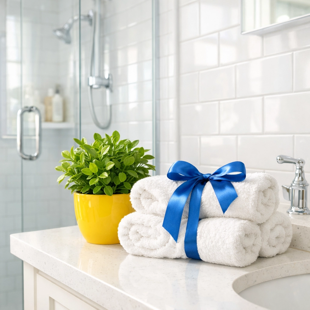 Deep cleaning results in a Westborough master bathroom with clean subway tiles and white quartz counters.