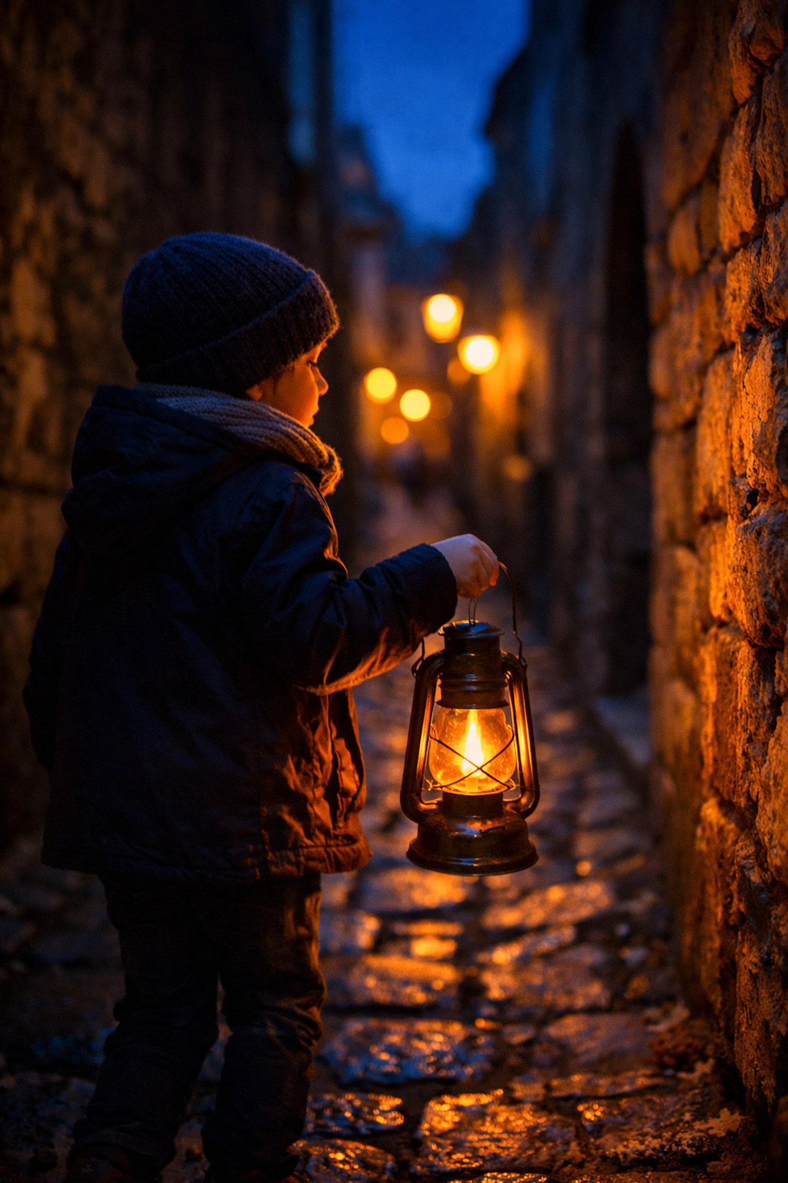 A child holding a glowing lantern in a European alley, perfect for practicing low-light vacation photography.