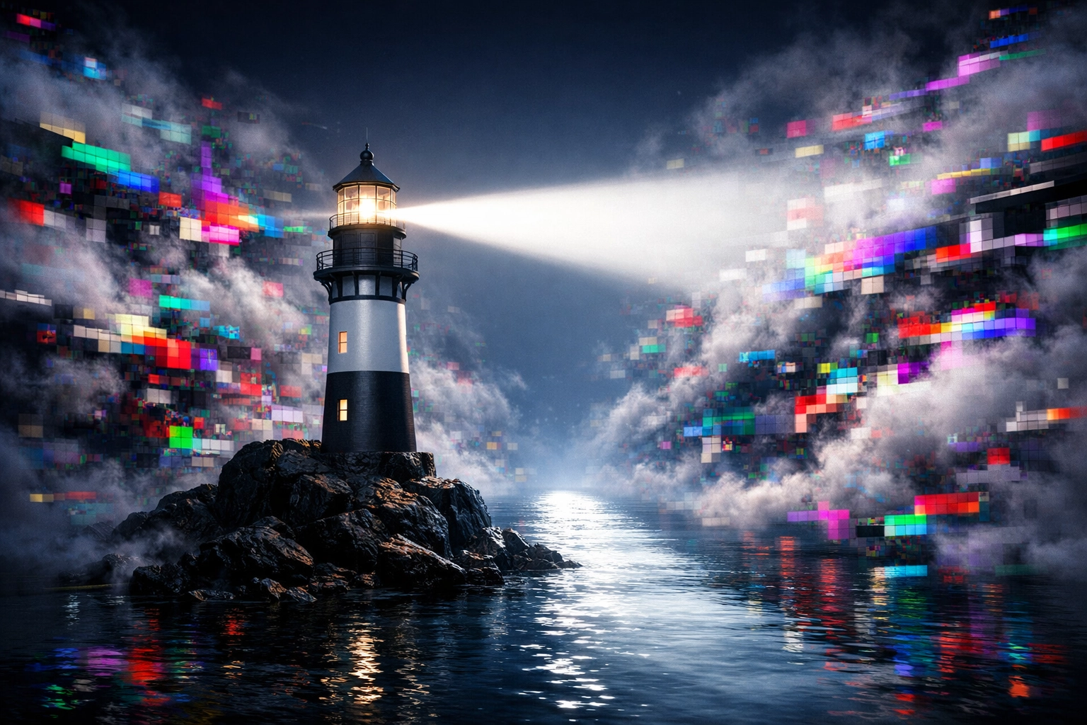 A lighthouse beam piercing through digital fog, symbolizing clarity and discernment in news consumption.