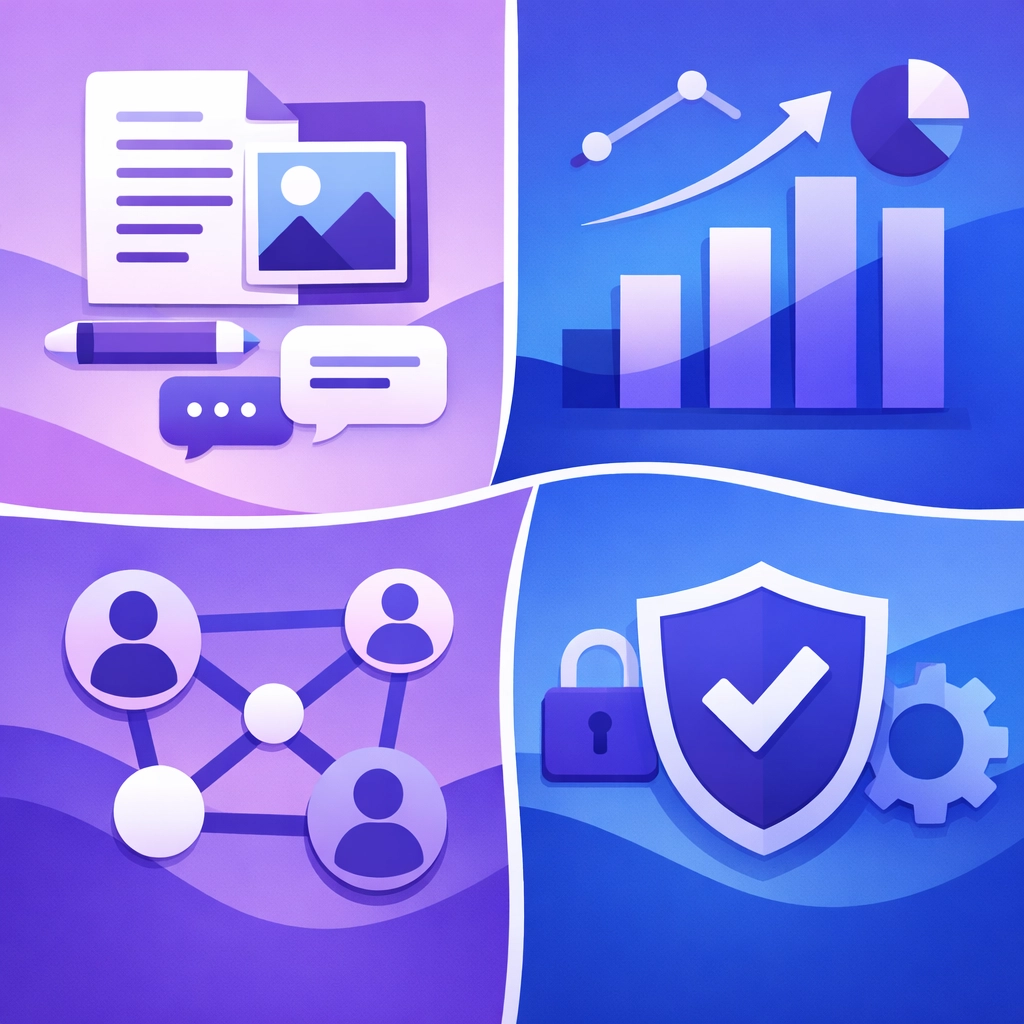 Four key Smart AI Board capabilities: content creation, analytics, collaboration, and security features