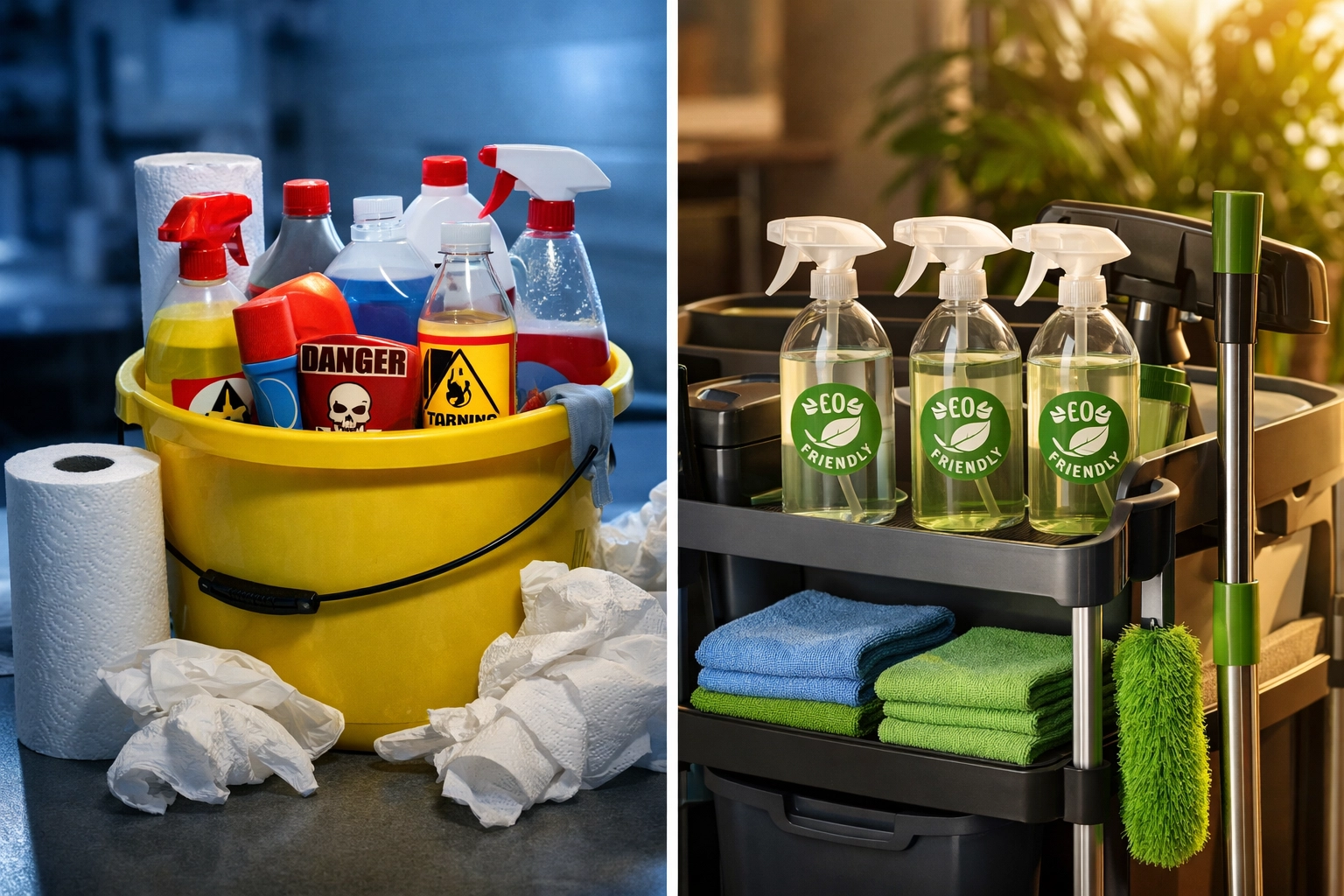 Comparison of traditional harsh chemicals versus green certified cleaning products