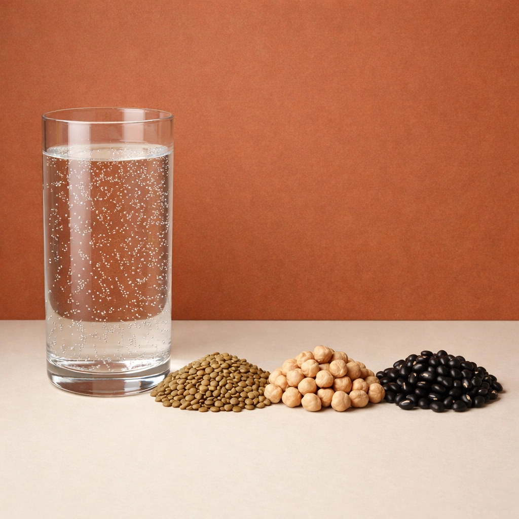 Glass of water and high-fiber legumes illustrating the importance of hydration for digestive health.