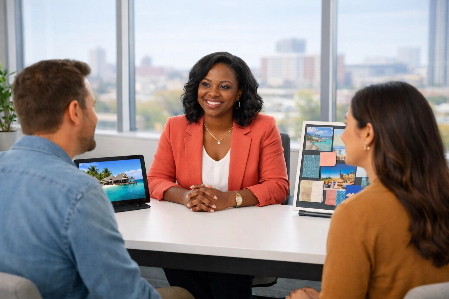 Omaha-based group trip planner meeting with clients in a modern travel agency office.