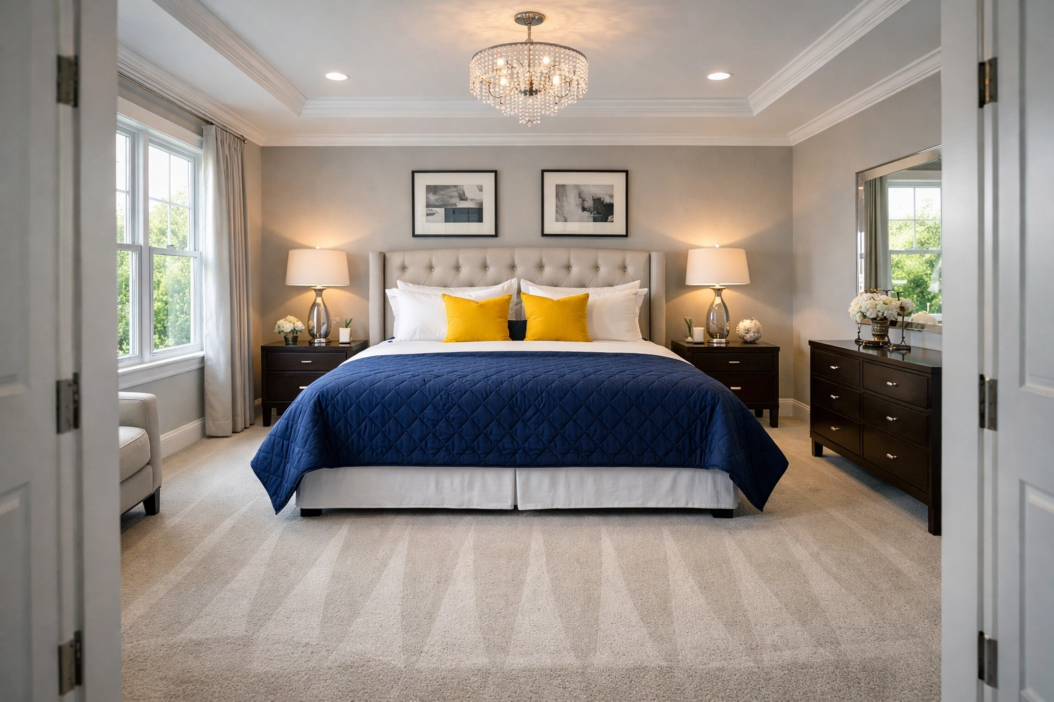 Immaculate bedroom with vacuumed carpets from residential cleaning Leominster MA.