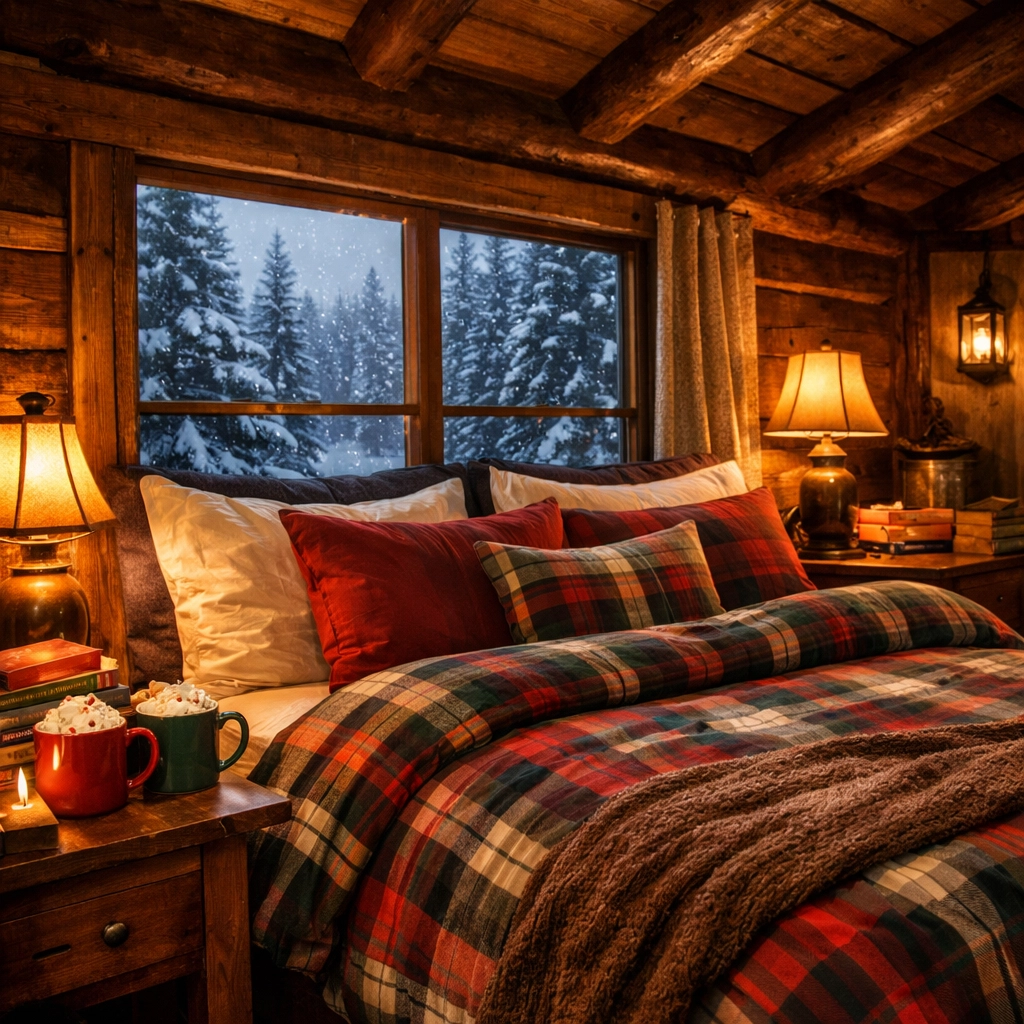 Cozy cabin bedroom with warm bedding and snowy forest views