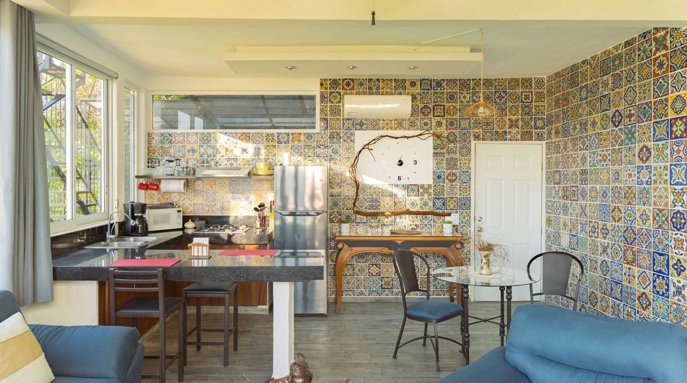 A modern condo kitchen in Puerto Vallarta with a beautiful, colorful Talavera tile backsplash.