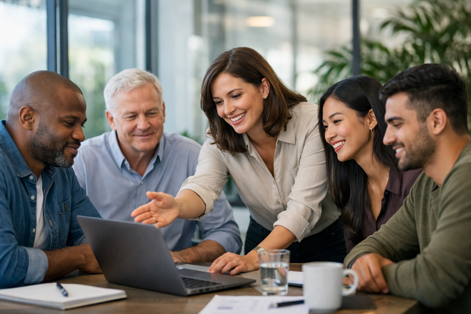 IT professionals collaborating on ServiceNow change management and user adoption strategies in a modern office.