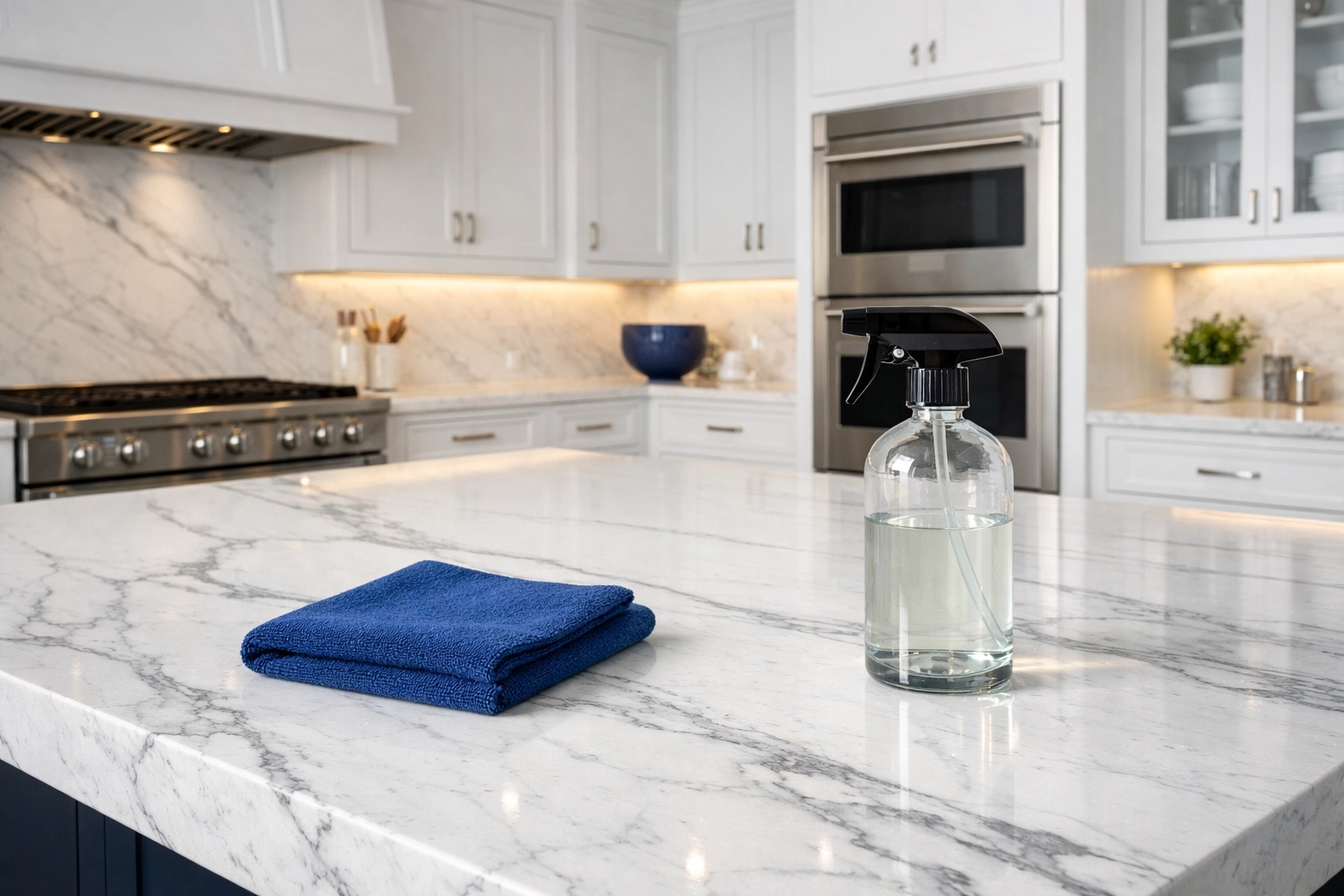 Eco-friendly residential cleaning Massachusetts solutions on a luxury white marble kitchen island in Dover.