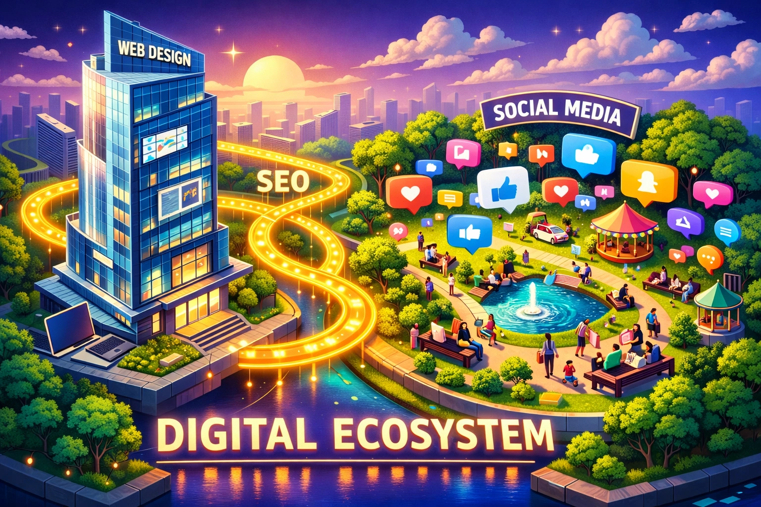 An isometric map showing how website redesign, SEO, and social media marketing create a digital ecosystem.
