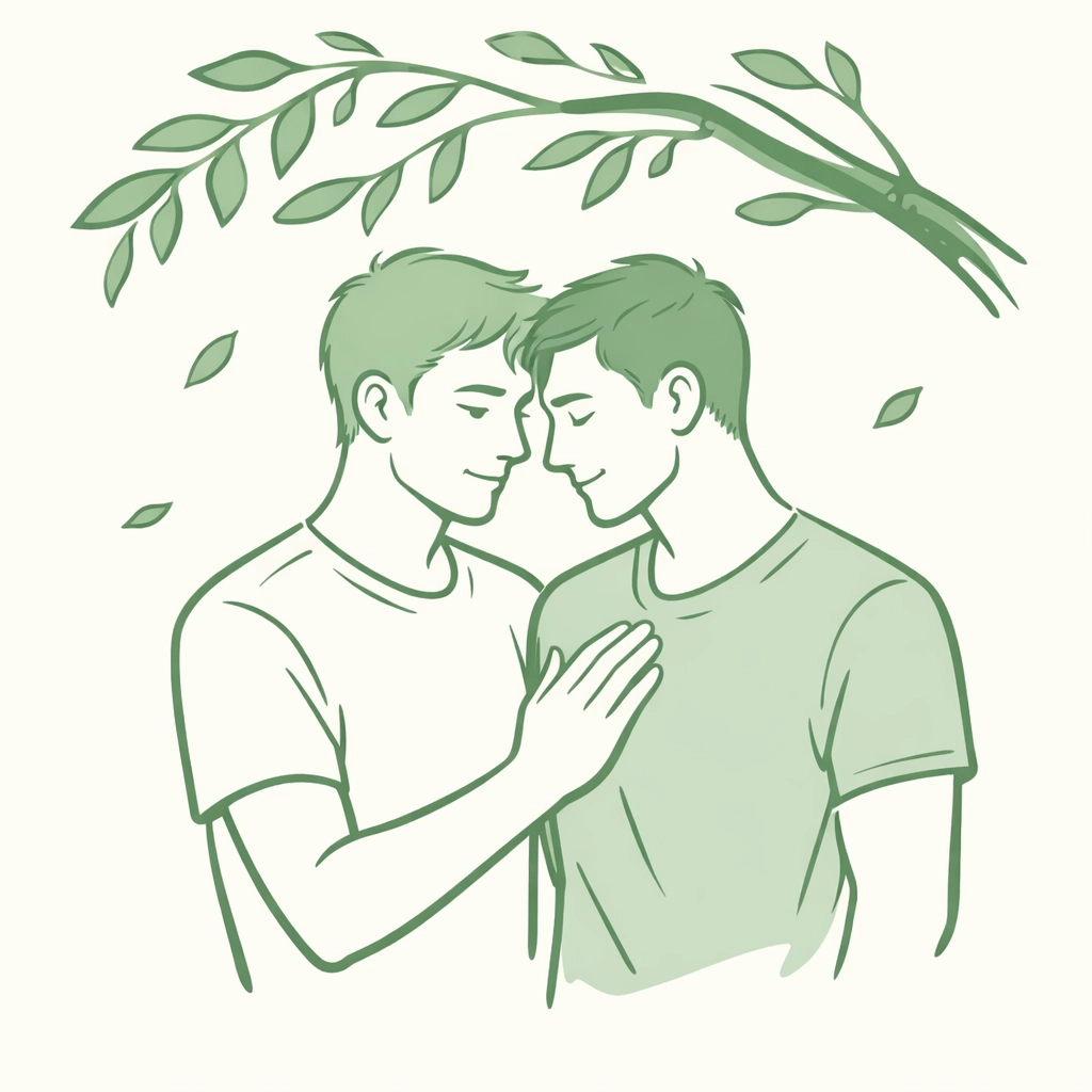 Minimalist illustration of an MM couple connecting under a tree, representing authenticity in their queer journey.