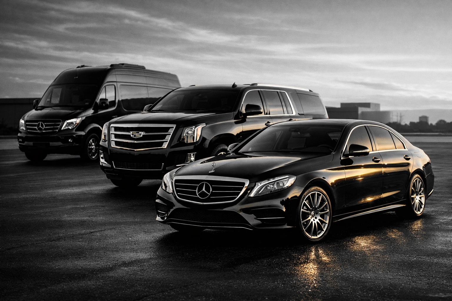 Mercedes Sprinter van, Cadillac Escalade SUV, and S-Class sedan luxury vehicle fleet lineup
